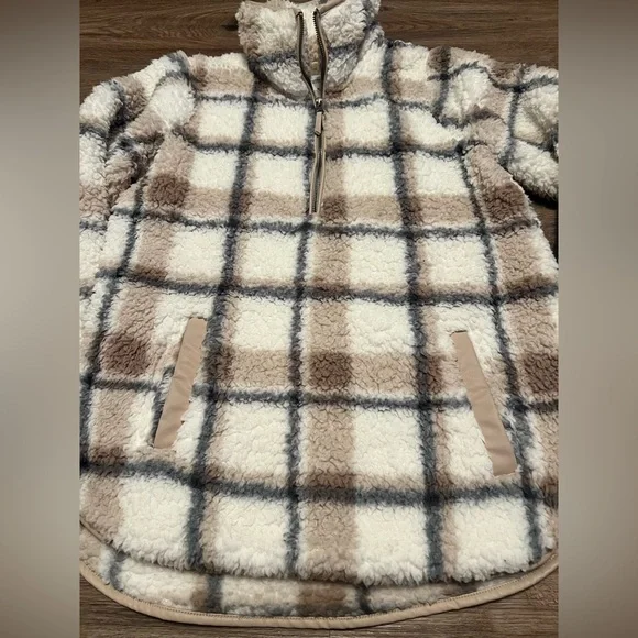 Abercrombie & Fitch Soft A&F AF Collection Quarter Zip Plaid Sherpa Pullover M - Picture 2 of 6